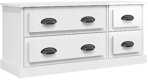 KTHLBRH White High Gloss TV Unit with Drawers, Modern TV Cabinet with Storage and 4 Drawers, High Gloss White Stand for Living Room