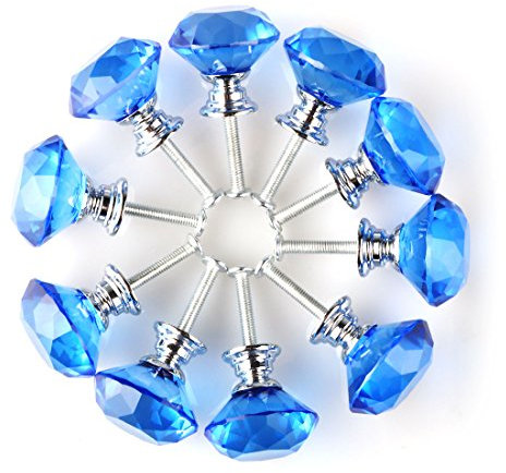 sourcingmap 10Pcs Diamant-Form Kristall Glas Schublade Schrank Ziehgriff Knopf golden Diamant Kristall Blau 10 Stück