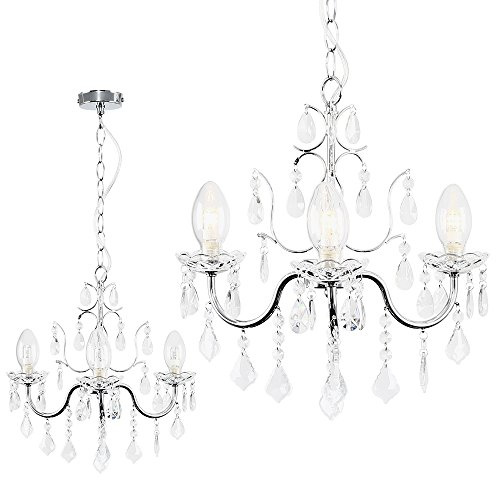 MiniSun | Modern 3 Way Silver Chrome Ceiling Light Chandelier with Clear Glass Droplets | Home Décor, Bedside & Desk Lamp | Mains Wired