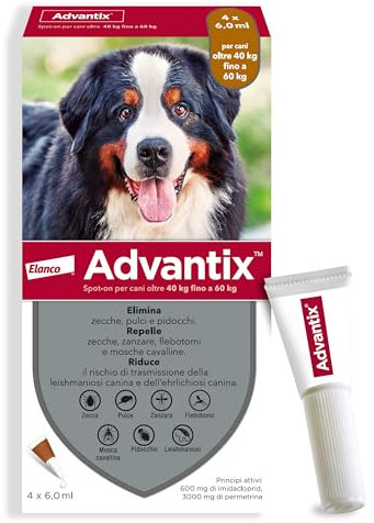 Advantix Spot on Cani antiparassitario Cane 4 tubetti 6,0ml, Elimina zecche, pulci, pidocchi e larve di pulce in casa. Protegge da zanzare, pappataci e rischio di leishmaniosi.