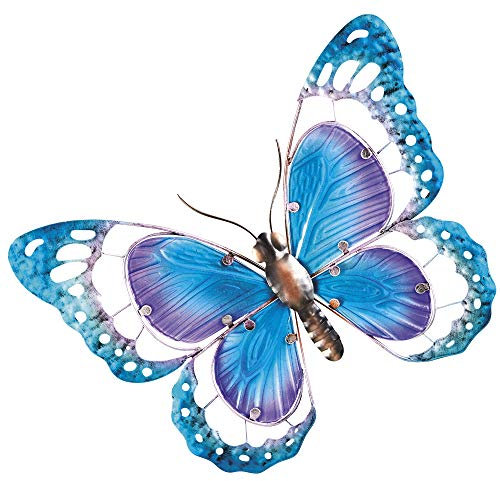 Thompson & Morgan Large Metal Butterfly Garden Wall Art with Colourful Glass Decoration, Dimensions L44 x W2.5 x H34cm (Blue & Purple) (Blue & Purple)