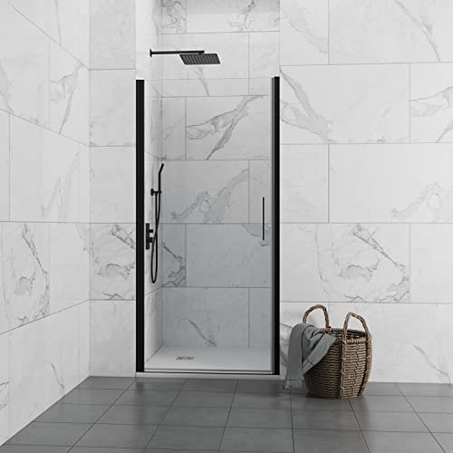Mamparas de Ducha - GME modelo OPEN BLACK - Puerta Abatible Cierre Perfil Imán - Perfilería Negro Mate - Vidrio con Anti Cal (73,6-77,6 cm)