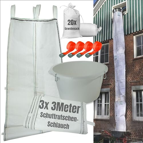 Schuttrutsche 9m | Flexible 3X 3m Schläuche, hohe Stabilität, einfache Installation | Bauschuttrutsche inkl. Einfülltrichter und 4 Spanngurt optimales Set (9 Meter mit 20x Gewebesack)