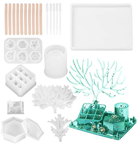 23Pcs Silicone Resin Moulds Set- Deer Makeup Jewelry Display Tray+ 9-Slot Lipstick Organizer+ Hexagon Storage Box+ Flower Tray + Mixing Sticks+ Plastic Droppers, Epoxy Mold for DIY Resin Casting
