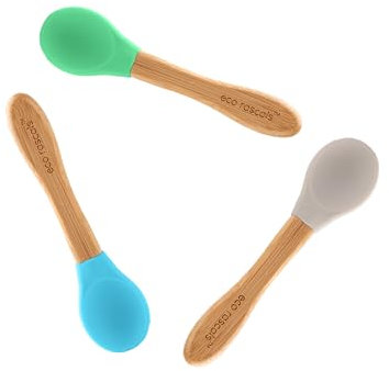 eco rascals Babylöffel aus Bambus, BPA-frei, für Baby-Entwöhnung, weich zum Zahnfleisch und leicht zu reinigen, perfektes hypoallergenes Geschenk für Babys und Kleinkinder, 3 Stück (Löffel grau, blau,