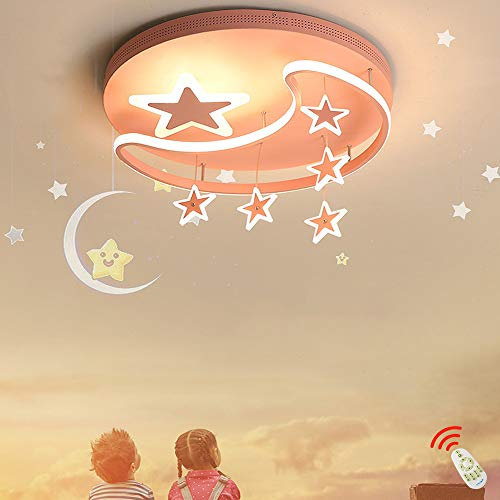 Cartoon LED Deckenleuchte Moderne Dimmbare Kinderzimmer Deckenlicht Mit Fernbedienung Kindergarten Lampe Kreative Stern Mond Decke Lampe Acryl Jungen Mädchen Schlafzimmer Kronleuchter,Rosa,52cm