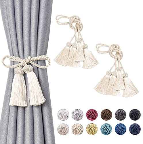 Pretty Jolly 4 Stück doppelte Quaste Vorhang Raffhalter handgemachte Seil Knoten drapieren Raffhalter Krawatte zurück Elegante dekorative Vorhanghalter für Haus & Büro Fenster Draperie (Beige)