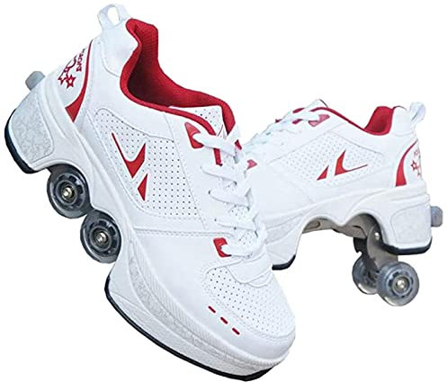 Rollschuh,Roller Skates Lauflernschuhe,2-in-1 Mehrzweckschuhe Schuhe mit Rollen,Inline-Skate,Verstellbare Quad-Rollschuh Stiefel Skateboardschuhe Für Kinder Damen,Red-EU41