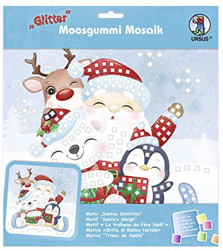 Ursus 8420021 - Glitter Moosgummi Mosaik-Bild Santa's Schlitten, Bastelset für ein Klebebild aus Moosgummi-Stickern, ca. 25 x 25 cm mit Aufsteller, Mittel