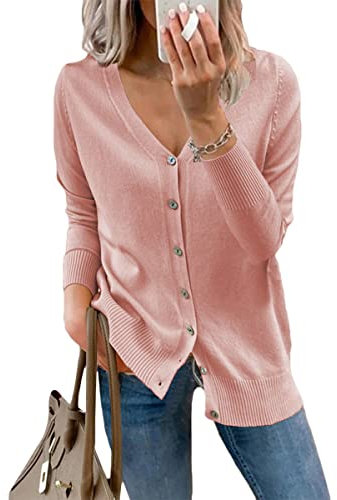 Minetom Femmes Cardigan Pull Manteau Manches Longues Tricoté Sweaters Gilet Casual Veste en Tricot avec Boutons Rose L