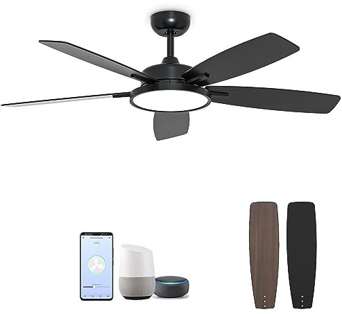 Roomratv 52 Inch Smart Ceiling Fan with Light,Ultra Silent Reversible DC Motor Fan Remote Control Compatible with Alexa Google home(black)