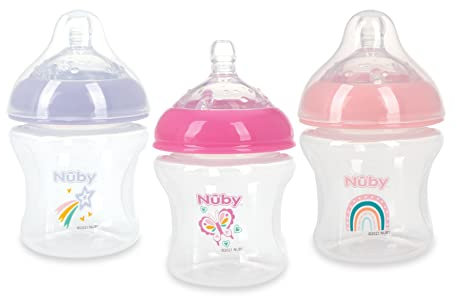 Nuby 3-Pack Infant Feeding Bottles with Slow Flow Breast Size Silicone Nipple: 0+ Months, 6oz, 3 Pack Set: Delicate Star, Rainbow, Butterfly Prints