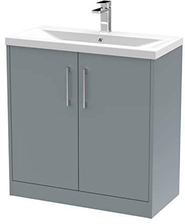 Hudson Reed JNU2305A Juno Modern Bathroom Floor Standing 2-Door Vanity with Mid-Edge Ceramic Basin, 800mm, Matt Coastal Grey
