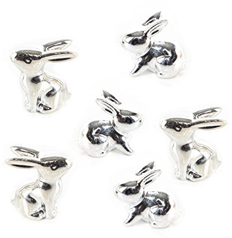 Osterhasen-Dekoration, 6er Set: Osterdeko aus Porzellan, Osterhase Deko-Figuren klein, Hasen für Tisch & Ostergesteck, Dekohasen Ostern, Frühlingsdeko Indoor, Silber, Osterdekoration Hase Modern, 4 cm