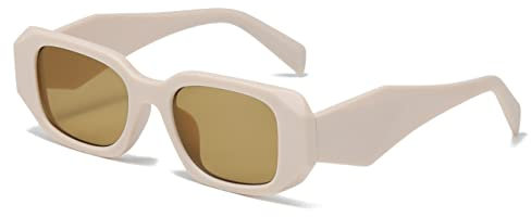 OSAGAMA Retro Sonnenbrille Rechteckige Chunky Brille UV Schutz für Damen Herren (Beige/Braun)