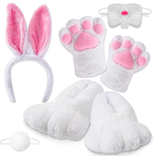 Kolewo4ever 5 Stück Osterhasen Plüschkostüm Erwachsene Weiß Kaninchen Kostüm Häschen Cosplay Kostüm Hasenfüße Hasen Pfoten Bunny Nase Bunny Tail Bunny Tail Bunny Tail Bunny Stirnband für Damen Herren