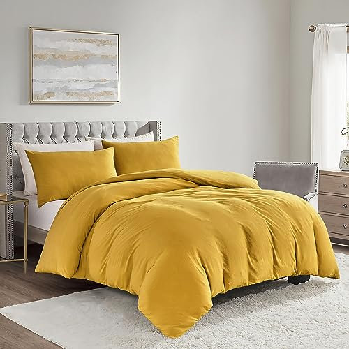KASYLAN Duvet Cover Set - Washed Microfiber Bedding Set with Zipper Closure, Soft and Comfortable with Pillow case - Bedding Quilt Cover Set (Double, Yellow)