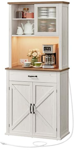 VASAGLE LIRY Collection - 71-Inch Tall Kitchen Pantry Cabinet with Lights and Charging Station, Coffee Bar Cabinet with Doors and Drawer, Farmhouse Style, Adjustable Shelves, Rustic White UBBK363W12