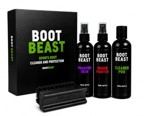 Boot Beast - 5 In 1 Boot/ Trainer Care Sport Gift Set - Cleaner, Deodouriser, Stain and water protector + Brush and Towel. Perfect for muddy and wet sports