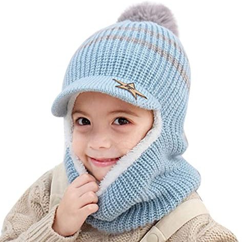 Qersh Orbgons Schalmütze für Kinder - Wintermütze mit Bommel für Mädchen und Jungen - Schlupfmütze, Mützenschal, Fellmütze für 2-7 Jahre
