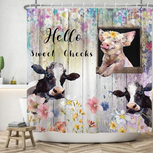 ASDCXZ Rideau de Douche drôle 180x180 cm, Aquarelle drôle de bovins laitiers Cochon Fleurs colorées rétro Grain de Bois Lavables Textile Rideau de Bain imperméable pour Baignoire