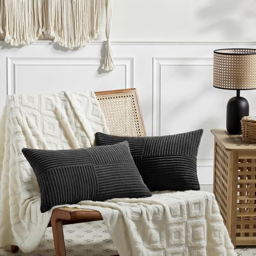 FDTERN Lot de 2 Boho Housse de Coussin 40x60 Noir,à Motif Croisé Decoration Housses de Coussin en Velours Côtelé,Douillet Taie d'oreiller Housse Coussin Moderne pour Canapé Chambre Chaise Lit