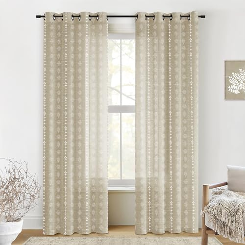 Hellbeige neutrale Vorhänge für Wohnzimmer, weißes Blumenmuster, Leinen, durchscheinend, Landhaus-Boho-Blockdruck, Bauernhaus-Vorhänge, 213 cm lang, 2 Paneele, Khaki