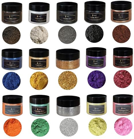 Epoxidharz Farbe Metallic (15er x 20g) Set, AArtsZ Mica Powder Pulver, Epoxy Resin Farbe, Pigment, Farbpigmente, Pigmentpulver Farben für Kosmetisches Qualität, Niveau Lipgloss (15-multicolor-glitter)