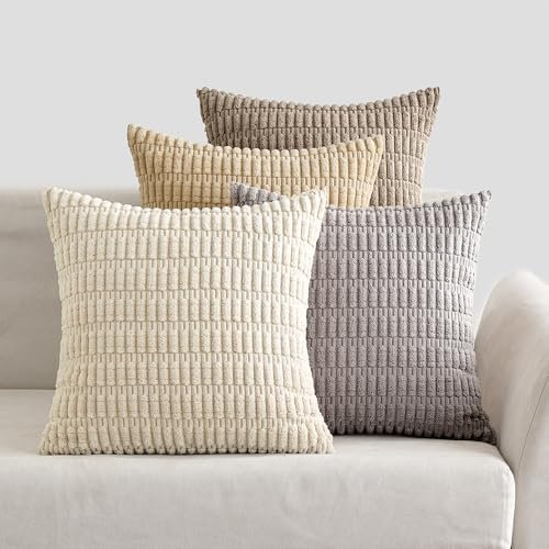 EMEMA Kordsamt Kissenbezüge 4er Set Dekorative Sofakissen Moderne Kissenhüllen 45x45 cm Dekokissen Weicher Zierkissenbezug für Wohnzimmer Sofa Schlafzimmer Graubraun Serie