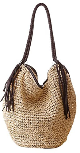 Bolso de Paja,Bolso Rafia Mujer Bolsas de playa de gran paja Mujeres Bolsos de verano Femenino Femenino Casual Mujeres Bolsas de mujer Bolsa de hombro Cerradura de tassel ( Color : Beige , Size : Natu