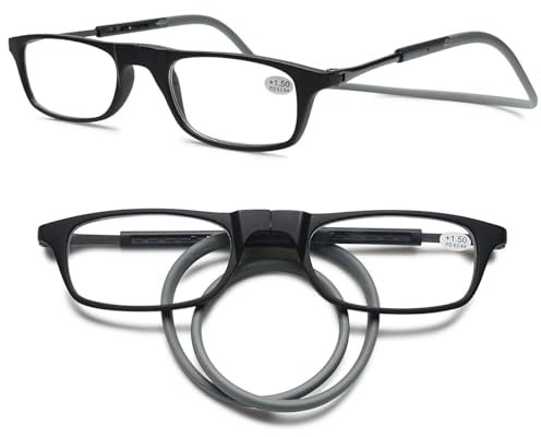 MAGIMODAC Damen Herren Lesebrille Faltbar Magnetverschluss Lesehilfe Sehhilfe Magnetische Lesebrillen mit flexiblem Halteband Schwarz Grau 3.00