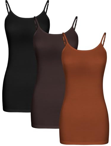 WILLBOND Lange Basic-Tanktops für Damen, verstellbare Spaghettiträgern, Camisole-Oberteil, 3 Stück, Groß