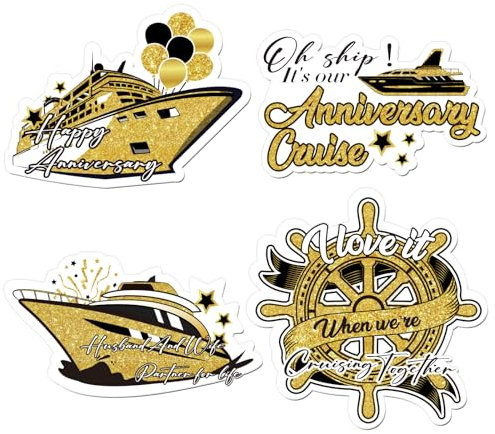 4 PCS Large Cruise Door Decorations Magnets Black Gold Anniversary Refrigerator Magnets Happy Anniversary Cruise Door Magnets Sticker Decals for Car Cruise Honeymoon Valentine Wedding Party Favors