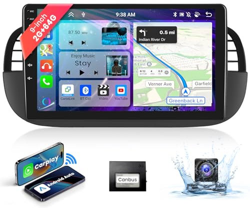 2G+64G 9‘’Autoradio Bluetooth Für FIAT 500 2007-2015 Carplay Android Auto Wireless,Podofo 8-Core Android Radio 2 din mit Bildschirm GPS Navi HiFi/RDS/FM DSP AHD Rückfahrkamera