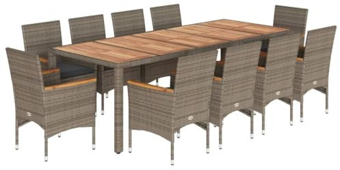vidaXL Garten Essgruppe 11-TLG., Gartenmöbel Set mit Kissen, Gartengarnitur Tisch 10 Stühle, Lounge Sitzgruppe Sitzgarnitur, Grau Poly Rattan Akazie