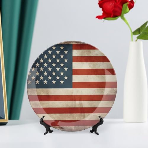 Bone China Dekorativer Teller Vintage Amerikanische USA-Flagge Keramik Dekorativer Teller mit Präsentationsständer Dekorativer Teller Runde Porzellanteller Speiseteller für Zuhause Arbeitszimmer Hotel