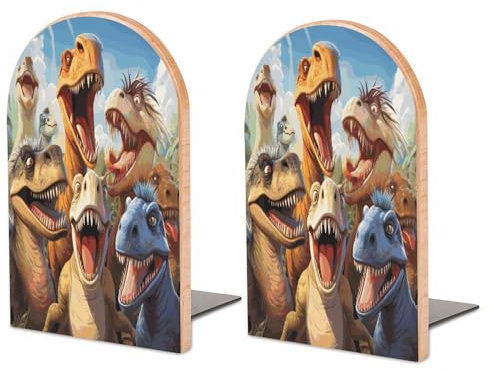 Grand serre-livres en bois imprimé dinosaure avec base en métal - Convient pour une utilisation dans les salles d'étude, les étagères, les bureaux, les salles de classe et les bibliothèques