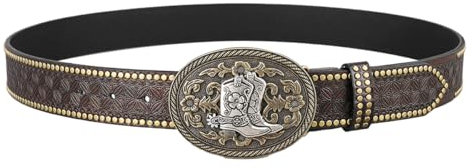 Namvo Cintura in pelle occidentale con fibbia da cowboy per uomo donna jeans fiori stivali lunghi fibbia (130 cm di lunghezza)