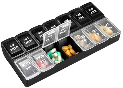 Pill Boxes 7 Day 2 Times A Day, Easy Fill Push Button Weekly Pill Box Am Pm Pill Dispenser Tablet Organiser Daily Pill Case for Vitamin, Fish Oil, Supplements