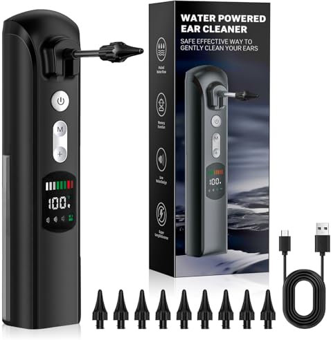 Ear Wax Remover 10 Düsen Ear Cleaner, Ohrendusche mit 3 Druckmodi, IPX7 Wasserdicht, Ohrenreiniger Wiederaufladbarer Ohrreinigungsset für Erwachsene Kinder (Black)