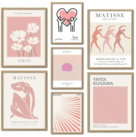 ag.art deco Quadri Moderni Soggiorno con Cornice in Legno | Set di 7 Poster da Parete | Quadri Camera da Letto o il Soggiorno | Stampe da Parete (Astratto Rosa)