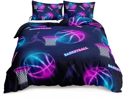 HOSIMA Bettwäsche-Set für Jungen und Mädchen, Neon-Basketball-Druck, Bettbezug mit 2 Kissenbezügen (Neon Basketball S)