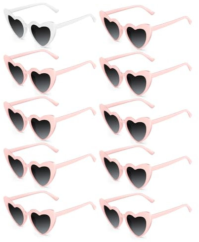 Bouiexye Confezione da 9 occhiali da sole a forma di cuore rosa bianchi per addio al nubilato vintage occhiali a forma di cuore per donne decorazioni per feste nuziali
