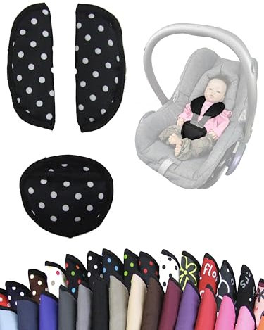 Gurtpolster [Polster-Set für Babyschalen] Autositze Kinderwagen universal Schulterpolster Set 3 Pads Gurtbezüge (Punkte schwarz weiß)