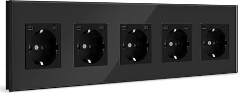 BSEED Enchufe con USB C(5 V 2.1A), Enchufe Empotrado(Tipo C y Tipo C), 16A 250V, 5 Gang Enchufes de Pared con 10 USB C para Teléfonos, Tablets, 370mm x 86mm, Negro