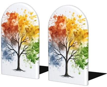 Mexpekil Buchstützen Waterolor Vier Jahreszeiten Baum Kunst Malerei Holz Buchstützen für Regale rutschfeste Buchstützen Unterstützung 2 Stück Heavy Duty Buchstopper Halter für Büro Bibliothek Schule
