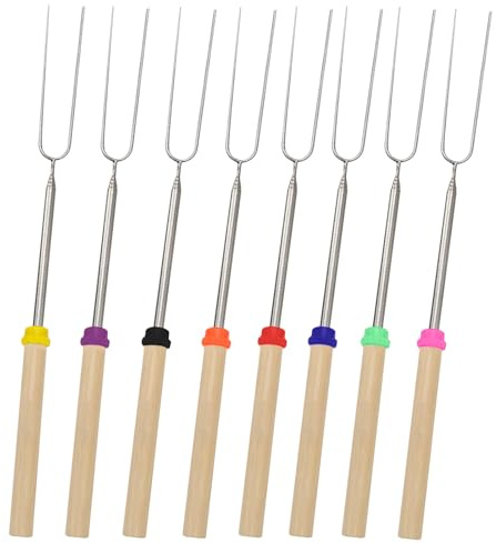 Lot de 8 brochettes à pain en acier inoxydable - Extensibles (31-81 cm) - Bâtons de guimauve télescopiques pour le camping et les barbecues - Avec manche en bois