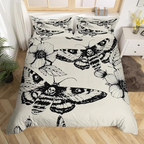richhome Gothic Skull Head Housse de Couette 220x240cm déco Papillons de la Mort et Fleur Couette Couverture avec crâne Gris os pavé pour Les Adolescents
