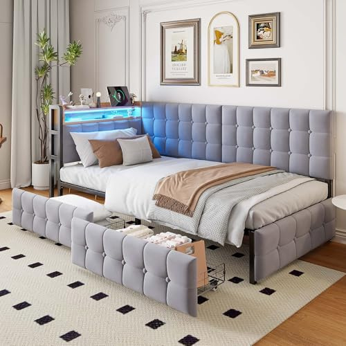 Polsterbett Schlafsofa 90x200, Einzelbett Jugendbett mit 2 Schubladen&LED-Licht&USB Typ-C-Anschluss, Funktionsbett Bettgestell Sofabett Gästebett mit Metall Lattenrost, Samt, Ohne Matratze, Hellgrau