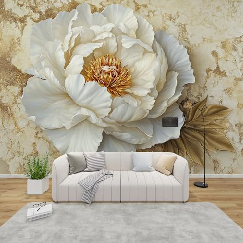 PaxGloz Fototapete 3D Weiße Pfingstrosen Tapete Luxus Marmor Hintergrund Tapeten Vliestapete Modern Wandtapete Wohnzimmer Schlafzimmer Wanddeko Motivtapeten 368 x 254 cm (B x H)